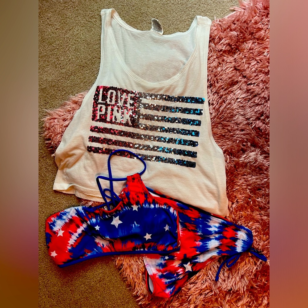 4th of July VS Pink Flag Tank & Tie Dye red white blue stars bikini SZ M